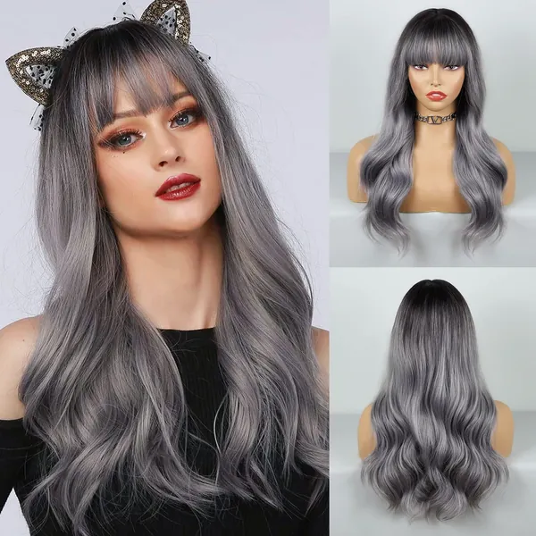 BOGSEA Ombre Gray Wig with Bangs Long Ombre Gray Wig with Black Root Long Grey Wigs for Women Synthetic Wavy Wigs for Daily Party (Ombre Gray) - Gray