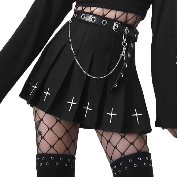 Goth Punk Cross Print Black Mini Skirt Chain Belt Dark Uniform Pleated Skirts - Medium A-black