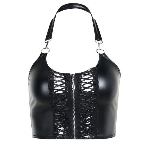'Frankenstein' Black Wet Look Faux Leather Halter Lace up Top - Black / S