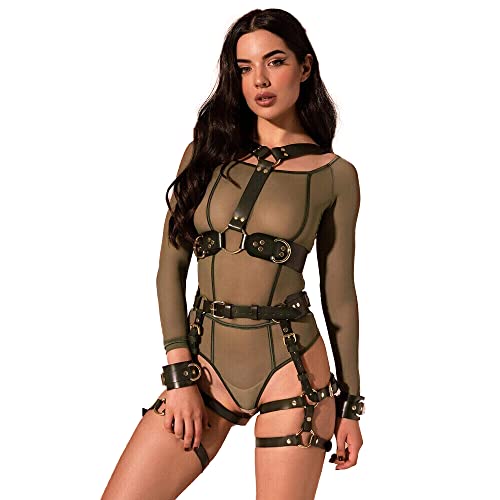 Black Body Harness Lingerie Bondage Leather Bodysuit Adjustable Belt Thigh Jewelry for Women - LB-272+LP-152