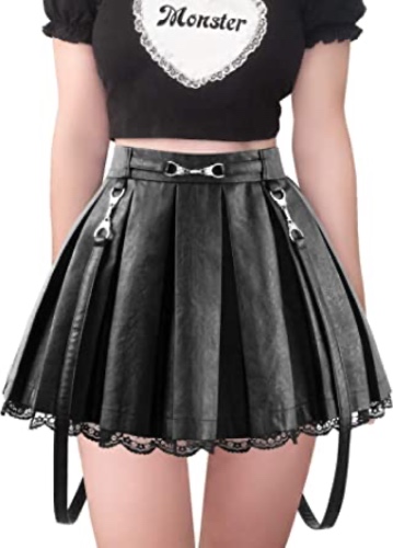 Littleforbig Women's A-Line Pleated Faux Leather Flared Casual Lace Trim Mini Skirts - Troublemaker - Black X-Large