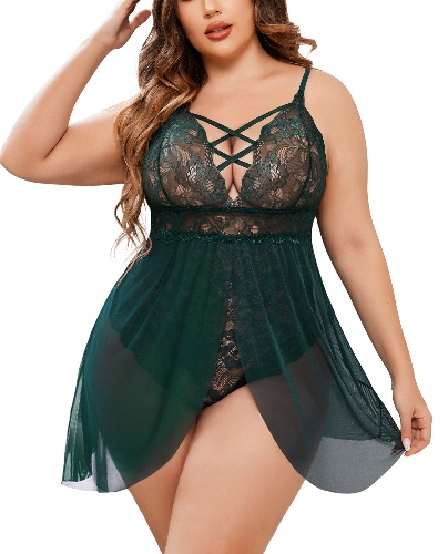 Avidlove Plus Size Babydoll Womens Snap Crotch Lingerie V Neck Lace Nighty Sleepwear L-4XL - X-Large Dark Green