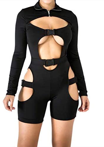 VWIWV Women Long Sleeves Jumpsuit Bodycon Buckle Romper Sexy Hollowing Out Bodysuit Short Jumpsuit Pants - Black X-Large