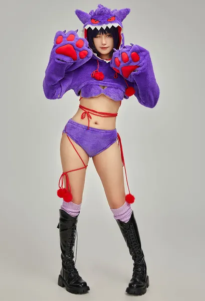 PM Derivative Sexy Hoodie Lingerie Gothic Paw Purple Hooded Lingerie Set with Tail and Stockings