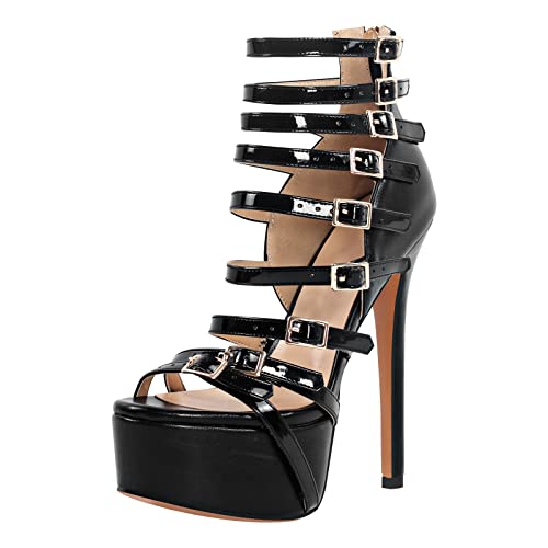 Only maker Damen Riemchenpumps Plateau Stiletto High Heels - 39 EU - Lackschwarz