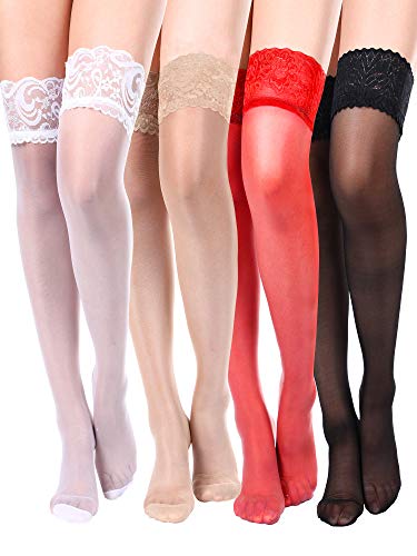 Boao 4 Paar Damen Oberschenkel Hohe Strumpf Silikon Spitze Top Strümpfe Seidige Strumpfhose für Damen Mädchen - Farbe Set 1