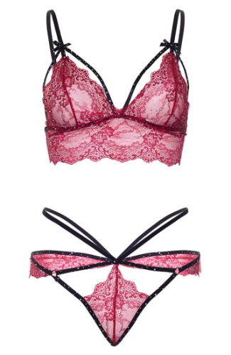 Burgundy strappy lingerie with rhinestones - Je t'aime | M