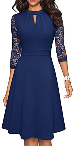 HOMEYEE Damen Elegant Hollow Out Spitze Swing Retro Party Cocktailkleid A234 - M - Dunkelblau