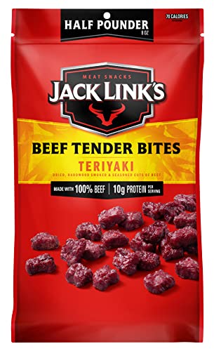 Jack Link's Beef Tender Bites, Teriyaki, ½ Pounder Bag - Flavorful Jerky Snack for Lunches, 10g of Protein and 70 Calories, Made with Premium Beef - No Added MSG or Nitrates/Nitrites (Packaging May Vary) - 8 Ounce (Pack of 1) - Teriyaki Tender Bites
