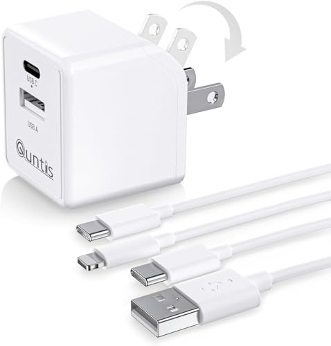 iPhone iPad Charger Mfi Certified, Quntis 2-Pack 6ft USB A to C and C to Lightning Cable with Dual Port Wall Charger, Foldable USB C Fast Charger Block with Cable for iPhone 15 14 13, iPad, White - White