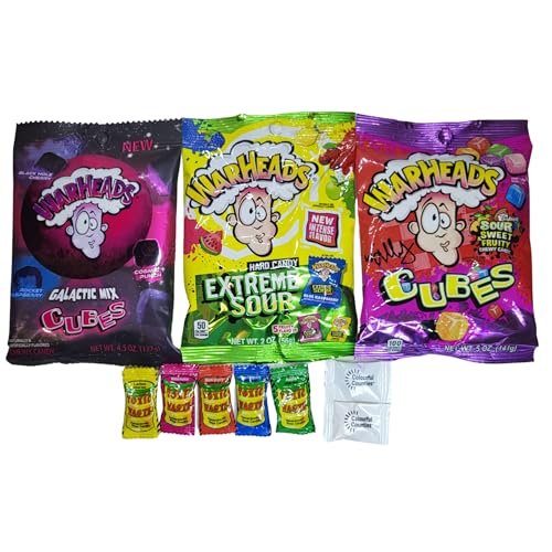 Warheads Variety Flavor Bundle| Extreme Sour Hard Candy (56g), Galactic Cubes (127g), Chewy Cubes (141g)| Now With 5x Assorted Sour Candies and 2x Colourful Counties Crystal Fruit Candies