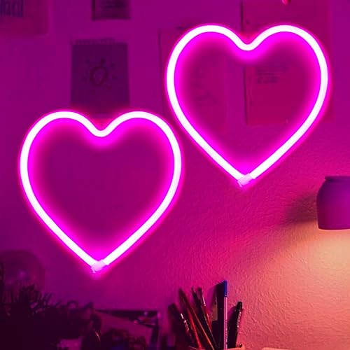 2-Pack Pink Heart Neon Sign, Neon Heart Lights Battery Operated or USB Powered Decoration Lamp, LED Wall Decoration Light for Girl's Bedroom, Classroom, Dorm, Home, Wedding, Birthday and Party Décor - Pink - 2 pack