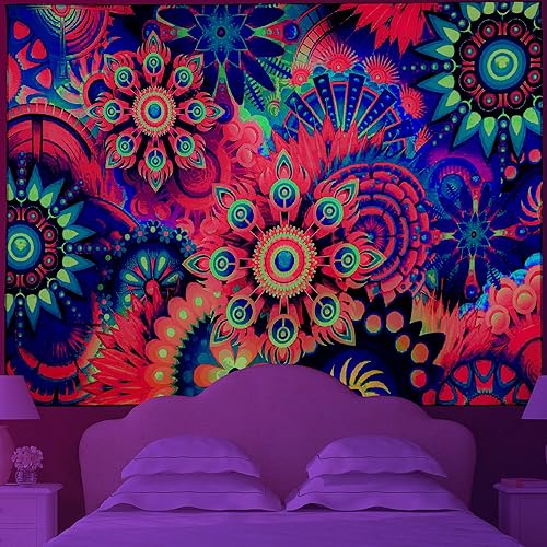 RLoncomix Blacklight Mandala Tapestry Colorful Boho Dot Tapestry Wall Hanging UV Reactive Floral Art Hippie Trippy Tapestries Posters Wall Hanging for Bedroom Aesthetic (70.8" x 90.5") - Mandala - 90.5L" x 70.8W"