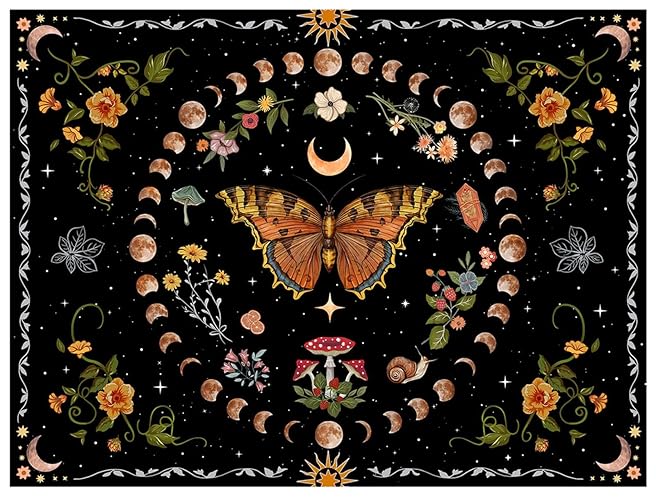 Aipon Orange Butterfly Moon Flower Tapestry Botanical Floral Plant Boho Tapestry for Bedroom Aesthetic Vintage Tapestries Wall Hanging for Living Room Dorm (68.00'' × 90.00'', Orange) - 90L" x 68W" - Orange