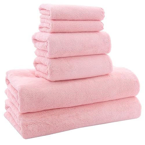 MOONQUEEN Ultra Soft Towel Set - Quick Drying - 2 Bath Towels 2 Hand Towels 2 Washcloths - Microfiber Coral Velvet Highly Absorbent Towel for Fitness, Bathroom, Sports, Yoga, Travel (Pink, 6 Pcs) - Pink