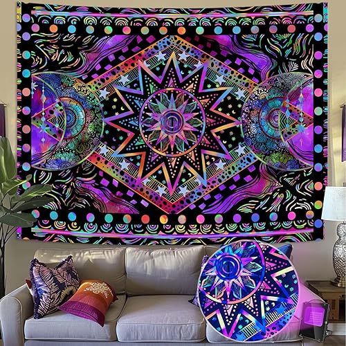 Blacklight Sun and Moon Tapestry Glow in The Dark Neon Hippie Bohemian Tapestries for Bedroom Aesthetic UV Reactive Purple Celestial Tie Dye Tapestry Wall Hanging for Living Room Dorm (90'' × 68'') - Purple - 90L" x 68W"