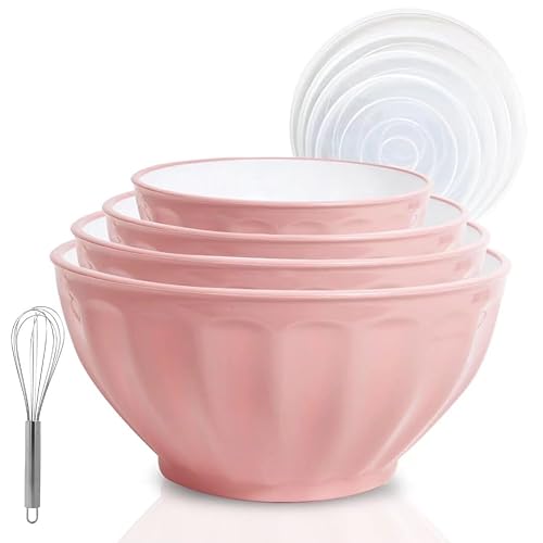 JCXivan Mixing Bowls with Lids Set,4 Large Plastic Nesting Bowls,Includes 4 Microwave safe Mixing Bowl and An Egg Whisk for Kitchen Prepping,Baking,Cooking Food, Pink - Pink