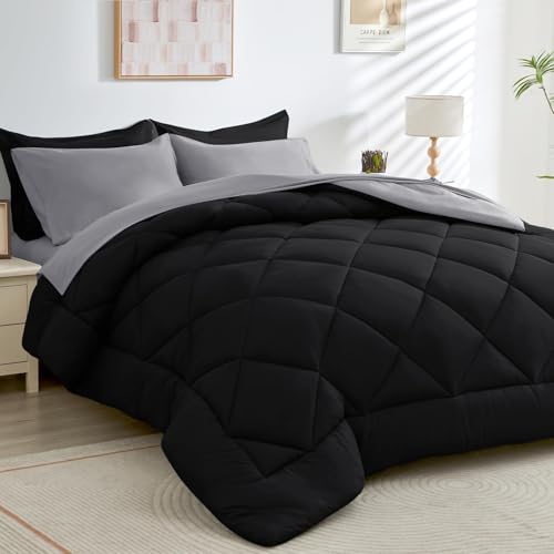 7 Pieces Queen Comforter Set, All Season Reversible Bed in a Bag Queen, Ultra Soft Queen Bedding Set with Grey Comforter, Flat Sheet, Fitted Sheet, Pillowcases, Pillow Shams, Black & Light Grey - Black & Light Grey - Queen