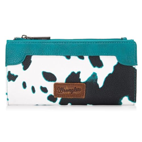 Wrangler Cow Print Wallets Womens Bifold Credit Card Wallet Women's Wallets, Card Cases & Money Organizers Brown Wallet for Women Ladies Female Cash Wallet with Smooth Zipper - Cow Print - Light Turquoise
