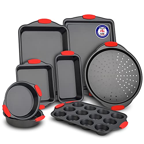 Baking Set – 8 Piece Kitchen Oven Bakeware Set – Deluxe Non-Stick Black Coating Inside and Outside – Carbon Steel – Red Silicone Handles – PFOA PFOS and PTFE Free by Bakken - 8 Piece Set - Black