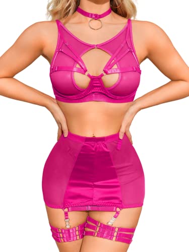 Kaei&Shi Garter Lingerie for Women, Strappy High Waisted Skirt G String 4 Piece Sexy Exotic Lingerie Outfits Set Boudoir - Hot Pink - 12-14