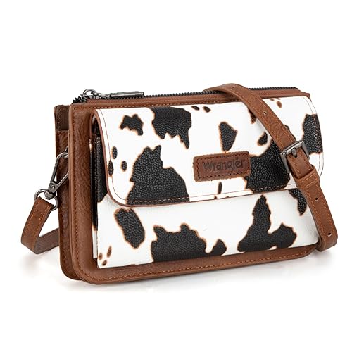 Wrangler RFID Crossbody Wallet Purse Vegan Leather Small Purses for Women with Phone Pocket and Adjustable Strap - Cow Print - Brown