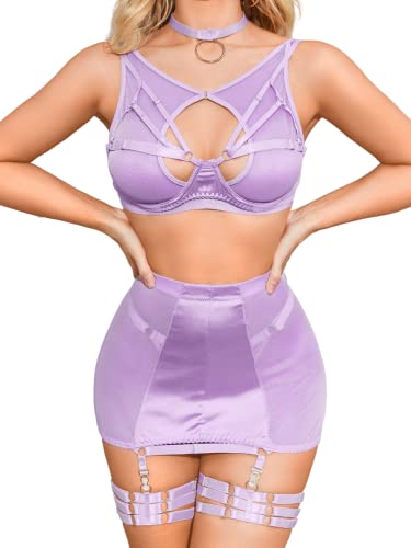 Kaei&Shi Garter Lingerie for Women, Strappy High Waisted Skirt G String 4 Piece Sexy Exotic Lingerie Outfits Set Boudoir - Purple - 12-14
