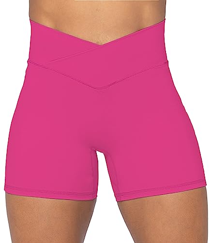 Sunzel No Front Seam Biker Shorts for Women with Pockets, Yoga Workout Gym Bike Shorts - 4" Inseam - Large - Hot Pink