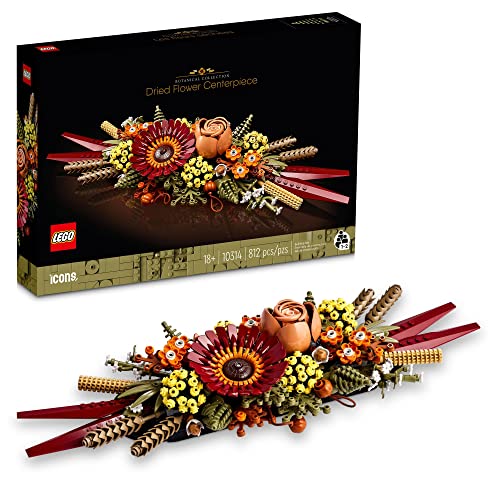 LEGO Icons Dried Flower Centerpiece, Botanical Collection Crafts Set for Adults, Artificial Flowers with Rose and Gerbera, Table or Wall Decoration, Home Décor, 10314 - Multicolor