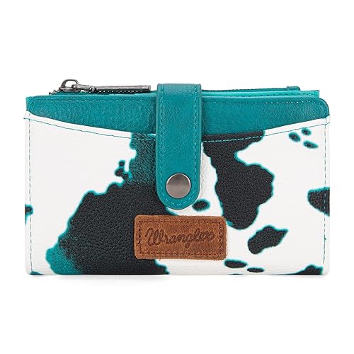 Wrangler Wallet for Women Cow Print Women Bifold Wallets, Card Cases & Money Organizers Credit Card Wallet Brown Female Cash Wallet with ID Window - B-Light Turquoise