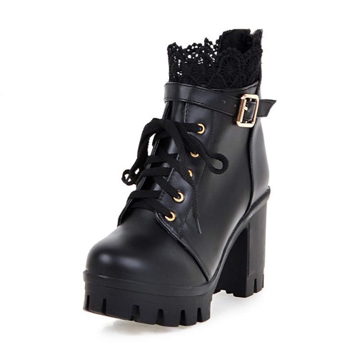 bAIWaNG Platform Ankle Boots, Ladies Round-Toe Chunky-High-Heel Back Zipper Short Boots, Women's Lace Front Straps Leather Boots,Black,33 EU