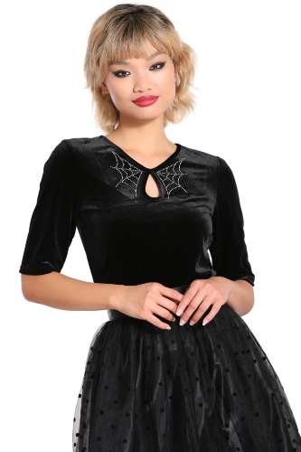 Hell Bunny Morticia Blouse Velvet Gothic Keyhole Cobweb Rhinestone Sparkle
