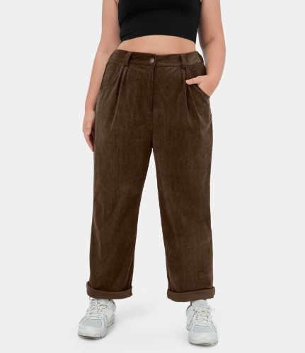 Women's Mid Rise Button Zipper Side Pocket Plus Size Corduroy Casual Pants - HALARA