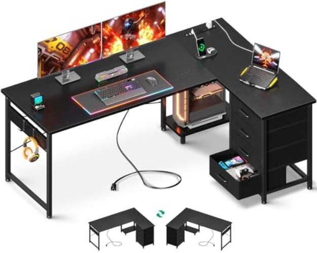 AODK L Shaped Desk with 4 Tier Drawers, 61" Reversible Gaming Desk with Power Outlets, L Shaped Computer Desk with USB Charging Port and Host Stand, Home Office Corner Desk, Easy to Assemble, Black - 61 Inch - Black