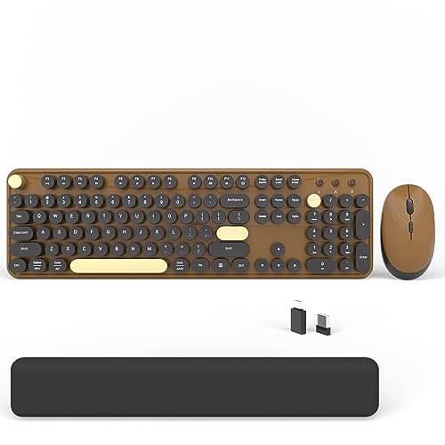 Wireless Computer Keyboards Mouse Combos, COVEVA Colorful Typewriter Retro Keyboard with Round Keycaps, USB Keyboard and Mouse Set 2.4GHz Full-Size Wireless Keyboard and Optical Mouse（Black-Coffee） - Coffee Color