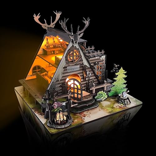 Model Kit Adult Miniature House Kit, Doll Houses Book Nook DIY Kit with Furniture and USB -LED Light, Bookshelf Miniature Scenes, Dollhouse Kits for Adults, Children (Hunting-Cabin) - Hunting-Cabin