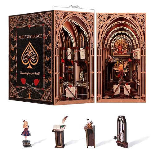 𝗠𝗶𝗻𝗶𝗖𝗶𝘁𝘆 Book Nook Kit, DIY Miniature Dollhouse Booknook Kit, 3D Wooden Puzzle Bookend Bookshelf Insert Decor with LED Light for Teens and Adults (Alice in Wonderland) - Alice in Wonderland