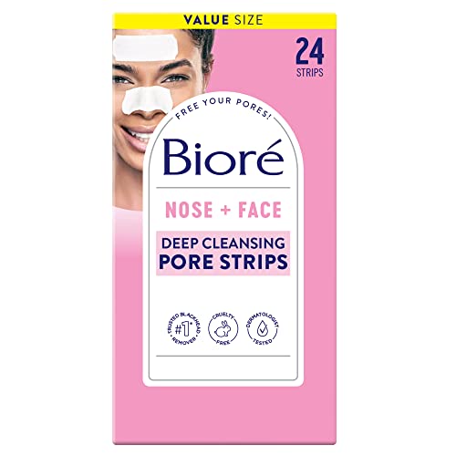Bioré Nose+Face Blackhead Remover Pore Strips, 12 Nose + 12 Face Strips for Chin or Forehead, Deep Cleansing with Instant Blackhead Removal and Pore Unclogging, Non-Comedogenic Use, 24 Ct Value Size - Nose + Face Strips - 1 Count (Pack of 1)