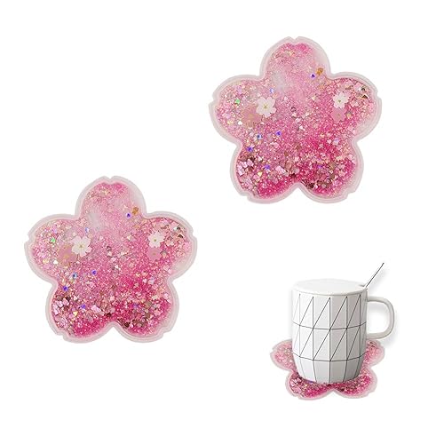2 Pack Funny Drink Coasters Sakura Quicksand Coaster Silicone Tea Cup Mats Coffee Coasters Non-Slip Insulation Cup Pad Home Office Table Decor, 5.5 Inches - Pink