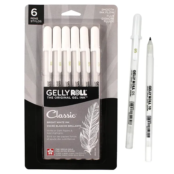 Sakura Gelly Roll Gel Pens - Fine Point Ink Pen for Journaling, Art, or Drawing - Classic White Ink - Assorted Point Sizes - 6 Pack - 