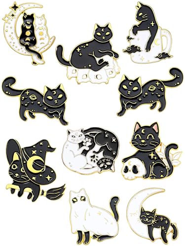 10 Pieces Cat Pins Cute Brooch Pin Set Kawaii Cat Backpack Pin Black Cat Book Brooch Gothic Aesthetic Cat Buttons for Backpacks Clothing Bags Lapel Jackets for Women Men DIY Presents