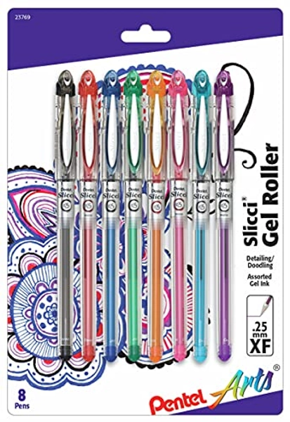 Pentel Arts Slicci 0.25 mm Extra Fine Gel Pen, Assorted Ink, 8 Pack (BG202BP8M)