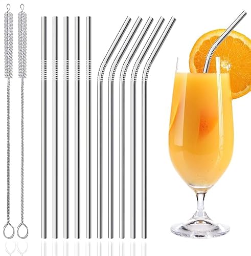 ZAH Edelstahl-Strohhalme, wiederverwendbar, 10er Set Metall, Trinkhalme, mit zwei Reinigungsbürsten, umweltfreundlich, nachhaltige Produkte, waschbar, Zero Waste - Silber
