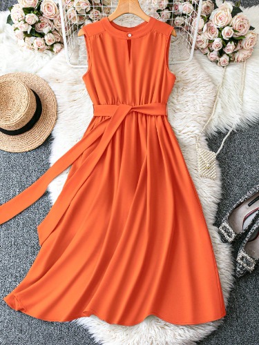 SHEIN Clasi Damen Einfarbiges Midi-Kleid mit Schlüsselloch-Ausschnitt und ärmelloser Passform
