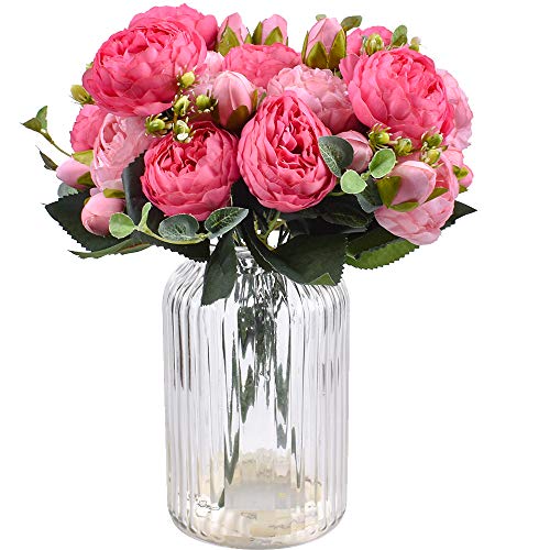 XONOR 4 Blumensträuße aus Seide, künstliche Pfingstrosen, Kunstblumen, glorreiche Kunstblume für die Dekoration von Hochzeitshaus, 5 Gabeln, 9 Köpfe - Rose Rot und Rosa