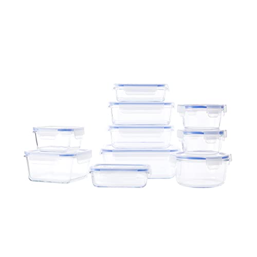 Amazon Basics - Glasbehälter für Lebensmittel, mit Deckel, 20er-Pack (10 Behälter + 10 Deckel), BPA-freie, Transparent Blau - 20er-Pack - Single