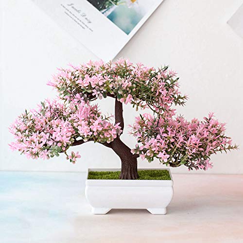 Bonsai Kunstpflanze Künstlicher Bonsai-Baum - Japanische Bonsai Naturgetreue Kunstpflanze Künstlicher Bonsai - Plastik Kunstpflanze für Büro/Fensterbank/Hof Tischdeko Büro Deko-Rosa - Rose
