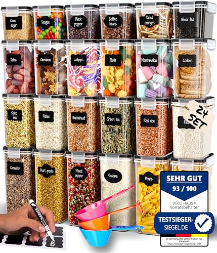 Deco haus® Vorratsdosen mit Deckel luftdicht 24er Set - Für Nudeln, Müsli, Mehl - Aufbewahrungsbox - Vorratsbehälter Küche Aufbewahrung & Organisation - Kitchen Storage - 24 Set Schwarz