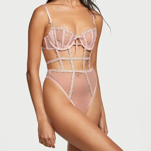 Victoria's Secret - Wicked Floral Embroidery Quarter Cup Lace-Up Teddy