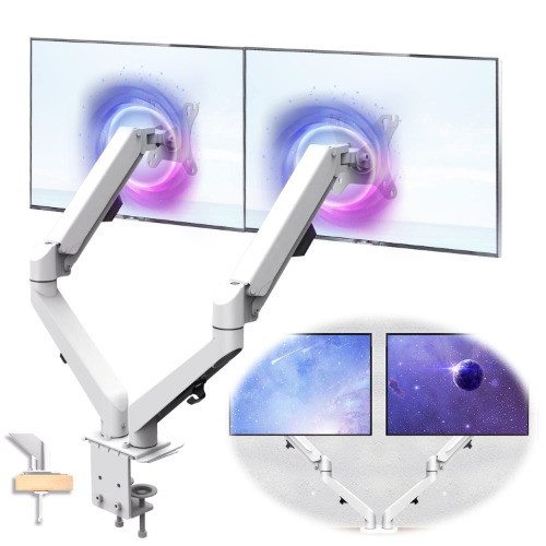HEYMIX Dual Monitor Arm, Adjustable Computer Monitor Stand Gas Spring Swivel Dual Monitor Mount, Dual Arm Gas VESA Monitor Stand for 13-32 inch LED/LCD Monitors up to 9kgs with 2-Grommet Mounting Base with 2-Grommet Mounting Base (White)